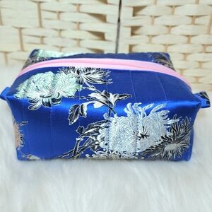Handmade Quilted Boxy Bag Blue Satin Brocade Fabric Makeup Travel Lined